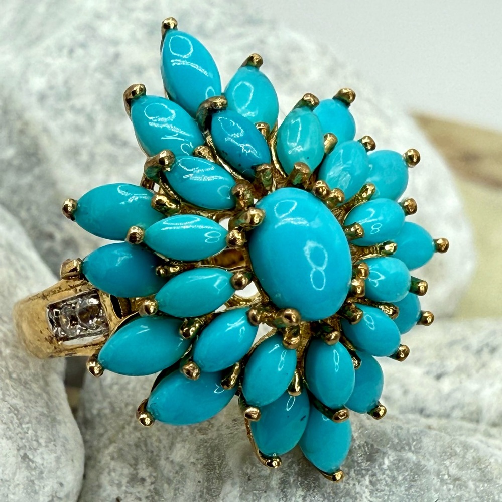 NWT Sleeping Beauty Turquoise & White Zircon Floral Ring Vermeil over 925 4.00ct